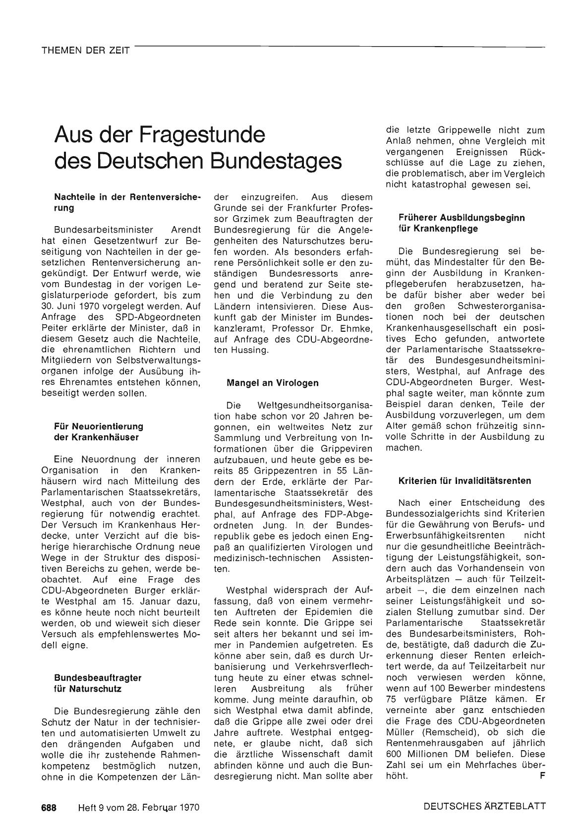 Vorschauseite 1: Aus der Fragestunde des Deutschen Bundestages