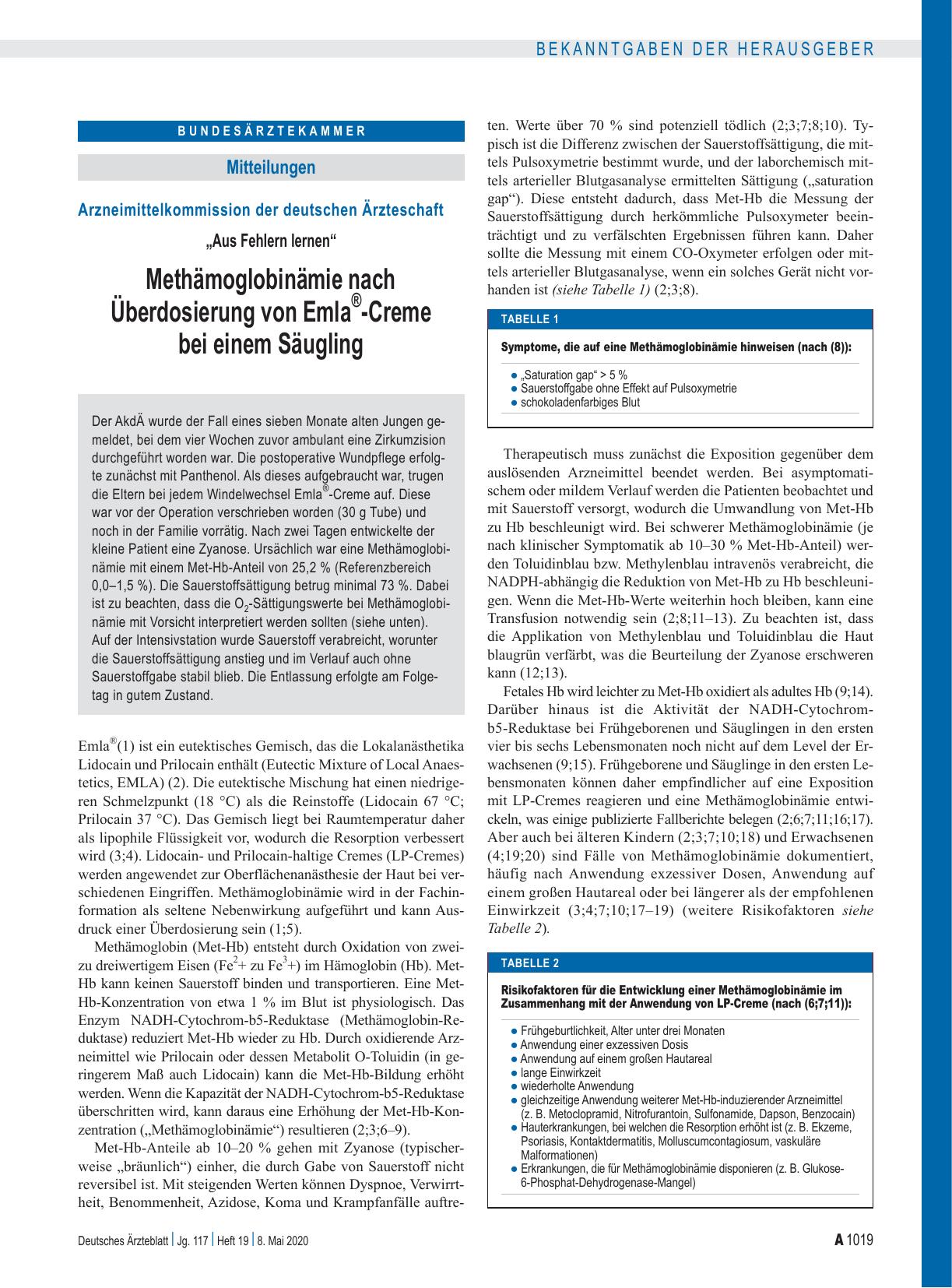 Vorschauseite 1: Arzneimittelkommission der deutschen Ärzteschaft: „Aus Fehlern lernen“ – Methämoglobinämie nach Überdosierung von Emla®-Creme bei einem Säugling