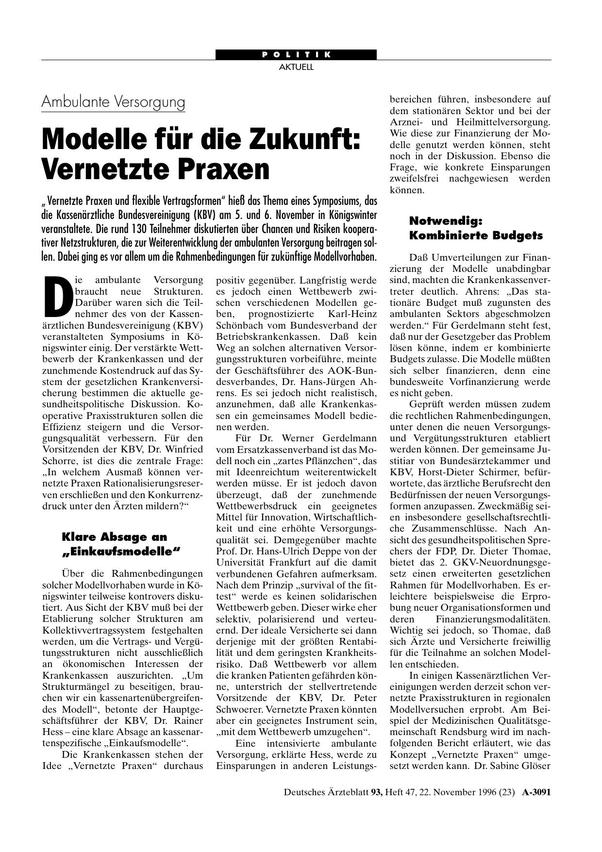 Vorschauseite 1: Ambulante Versorgung – Modelle für die Zukunft: Vernetzte Praxen