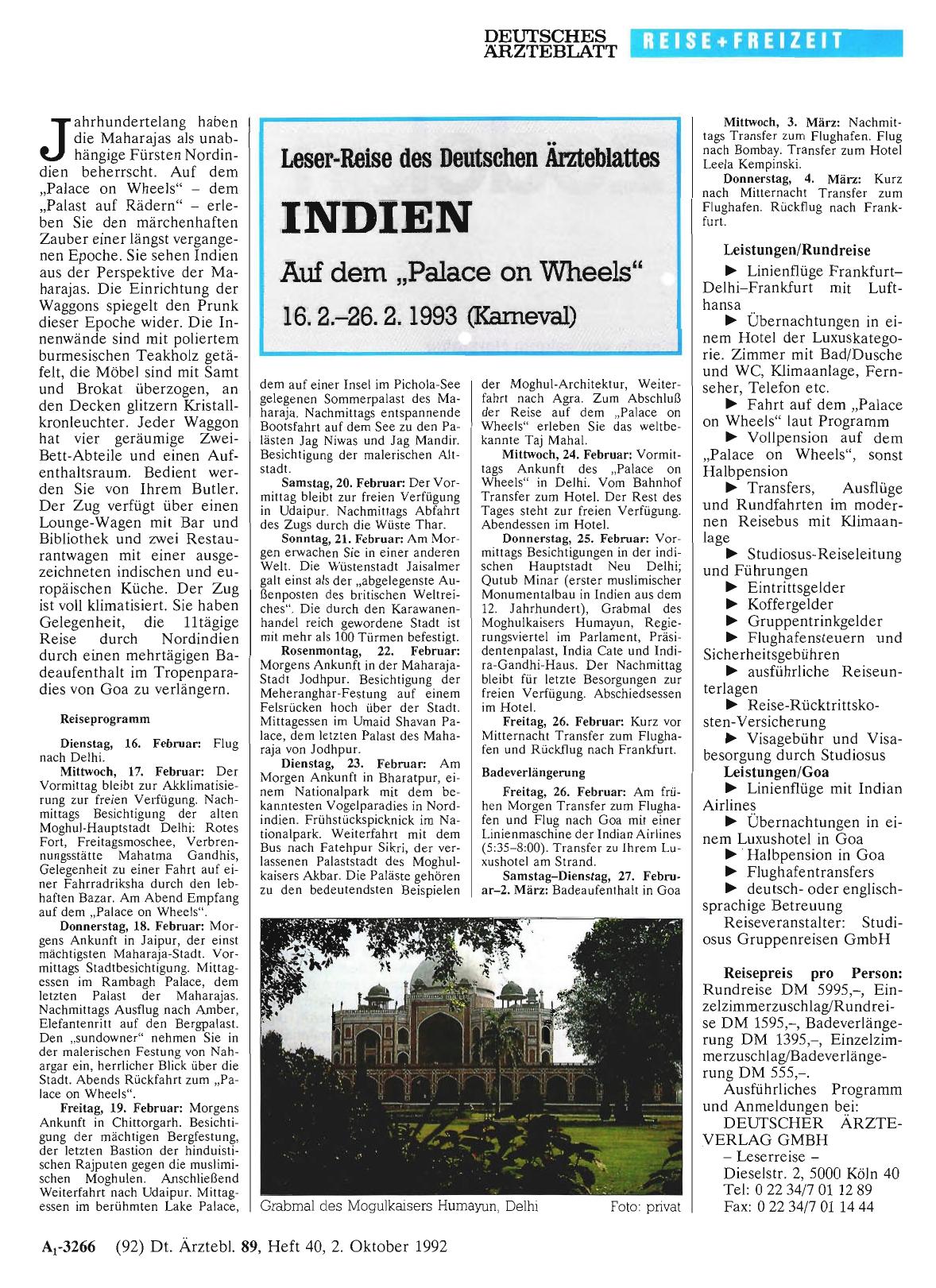 Vorschauseite 1: Leser-Reise des Deutschen Ärzteblattes: INDIEN Auf dem „Palace on Wheels“ 16. 2. -26. 2. 1993 (Karneval)