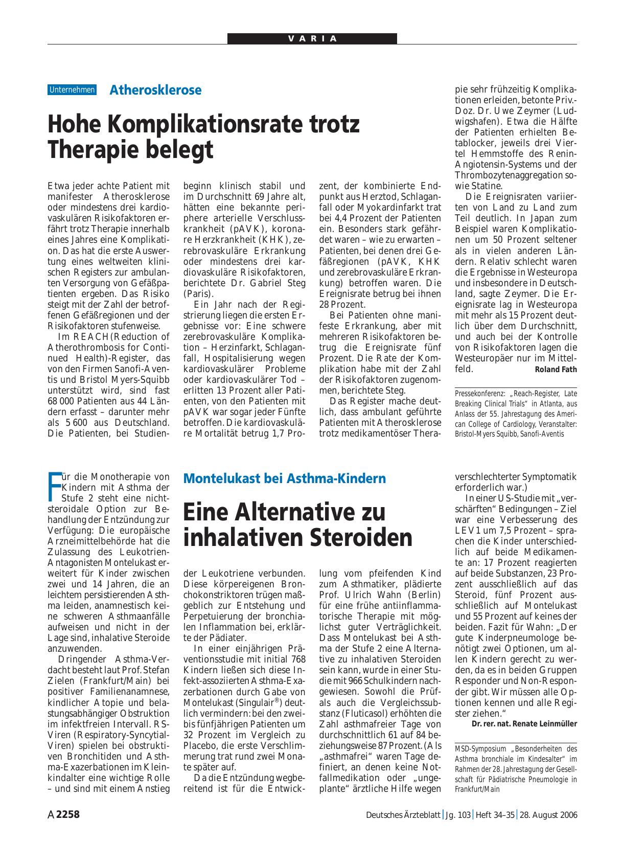 Vorschauseite 1: Atherosklerose: Hohe Komplikationsrate trotz Therapie belegt