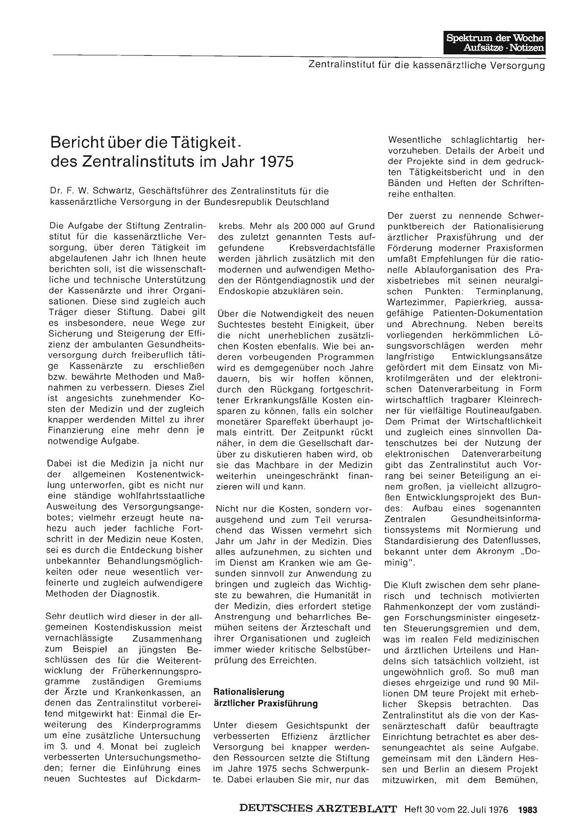 Vorschauseite 1: Bericht über die Tätigkeit. des Zentralinstituts im Jahr 1975