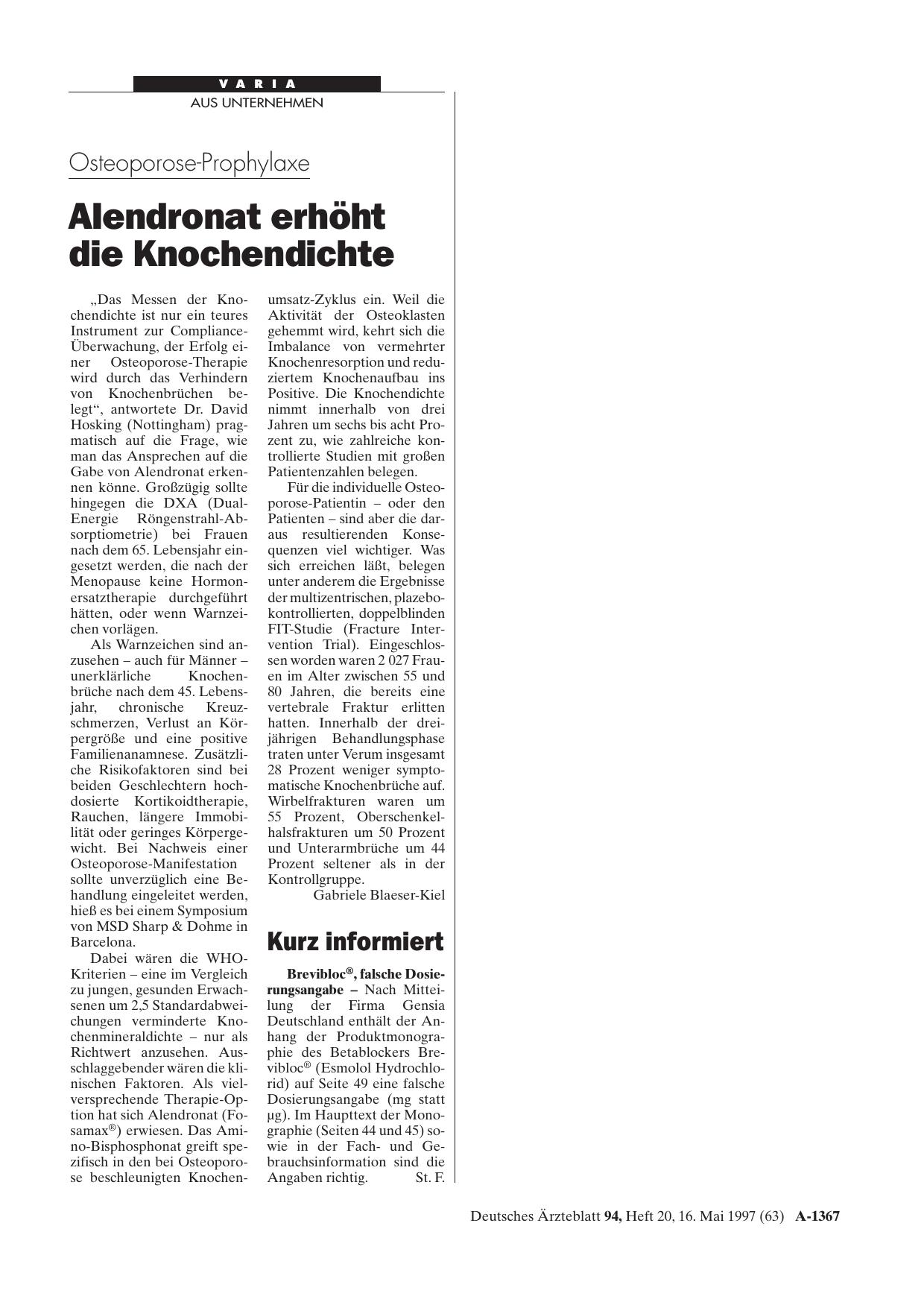 Vorschauseite 1: Osteoporose-Prophylaxe: Alendronat erhöht die Knochendichte