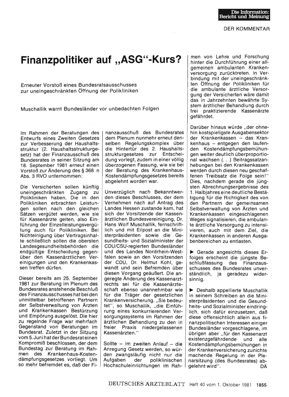Vorschauseite 1: Finanzpolitiker auf "ASG"-Kurs?