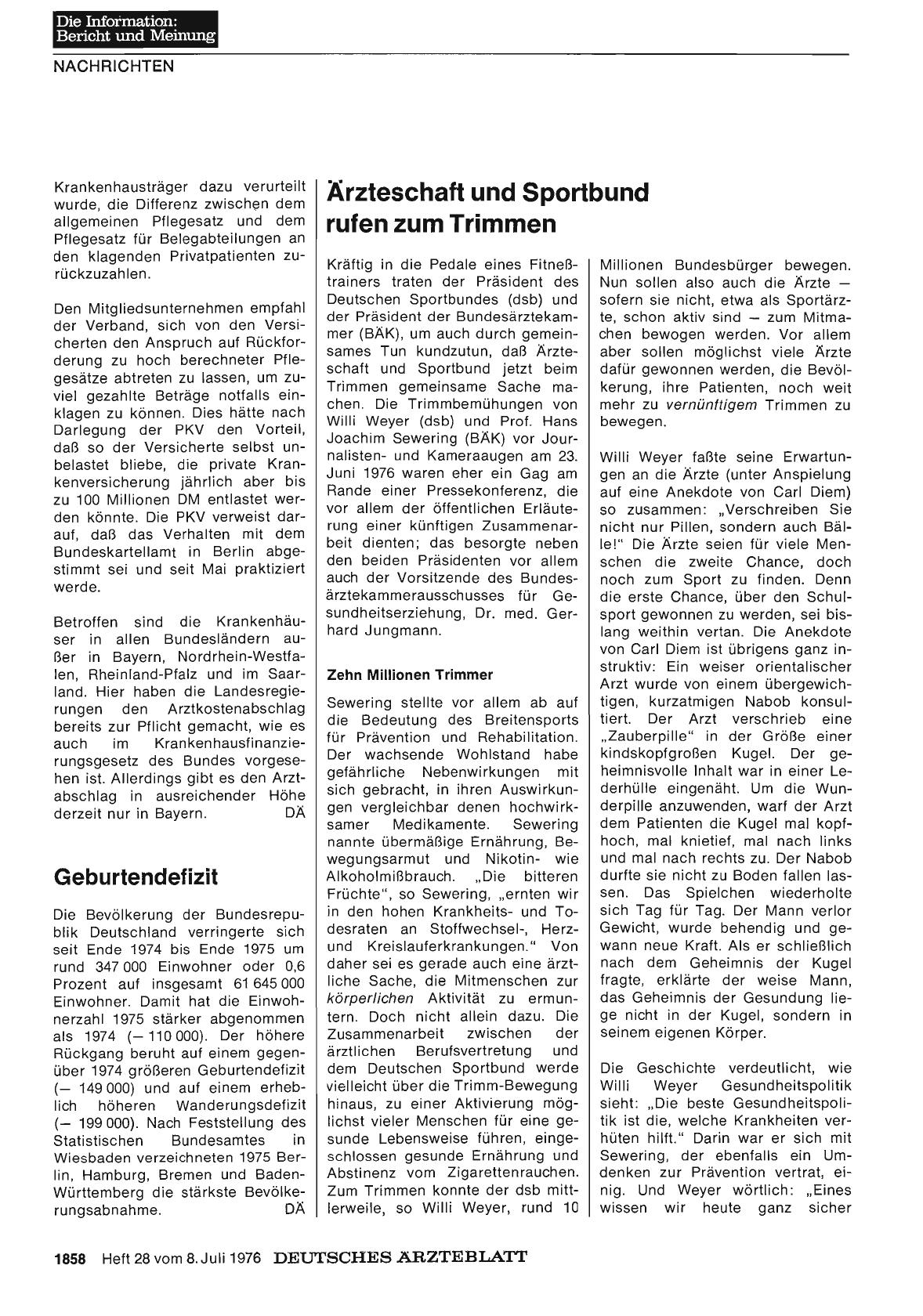 Vorschauseite 1: Ärzteschaft und Sportbund rufen zum Trimmen
