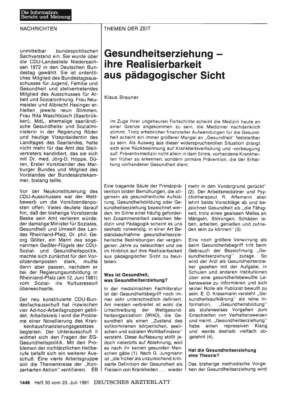 Vorschauseite 1: Gesundheitserziehung ihre Realisierbarkeit aus pädagogischer Sicht
