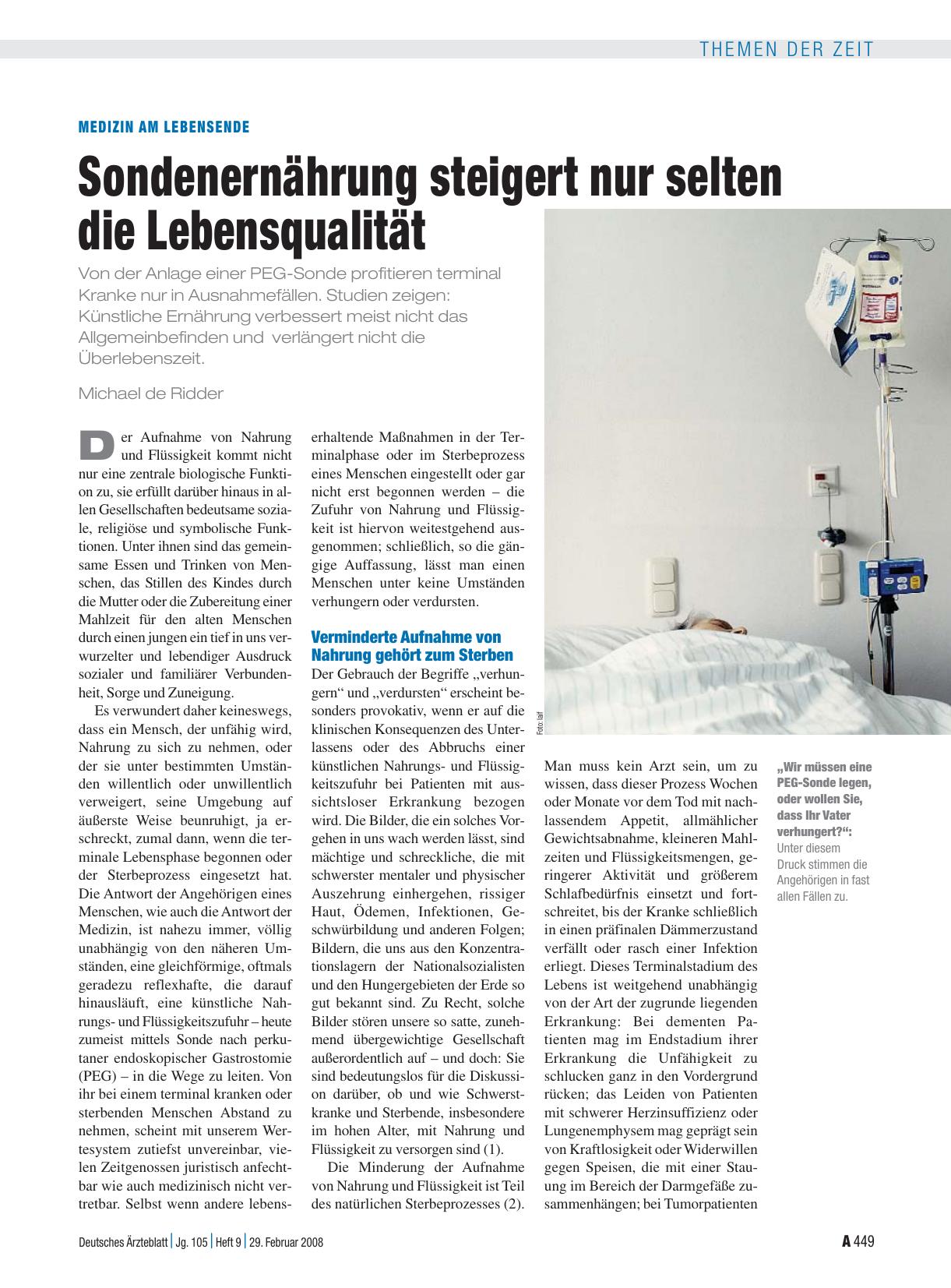 Vorschauseite 1: Medizin am Lebensende: Sondenernährung steigert nur selten die Lebensqualität