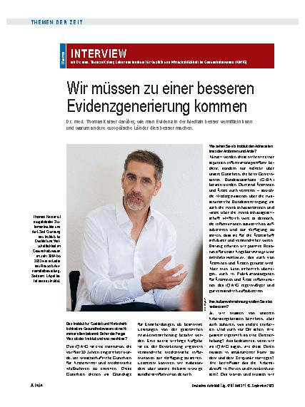 Vorschauseite 1: Interview mit Dr. med. Thomas Kaiser, Leiter des Instituts für Qualität und Wirtschaftlichkeit im Gesundheitswesen (IQWiG): Wir müssen zu einer besseren Evidenzgenerierung kommen.