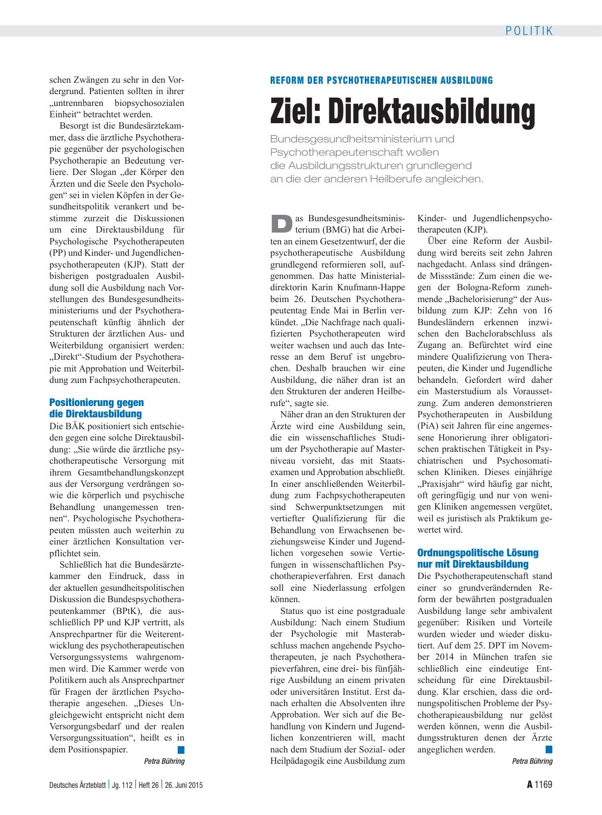 Vorschauseite 1: Reform der psychotherapeutischen Ausbildung – Ziel: Direktausbildung