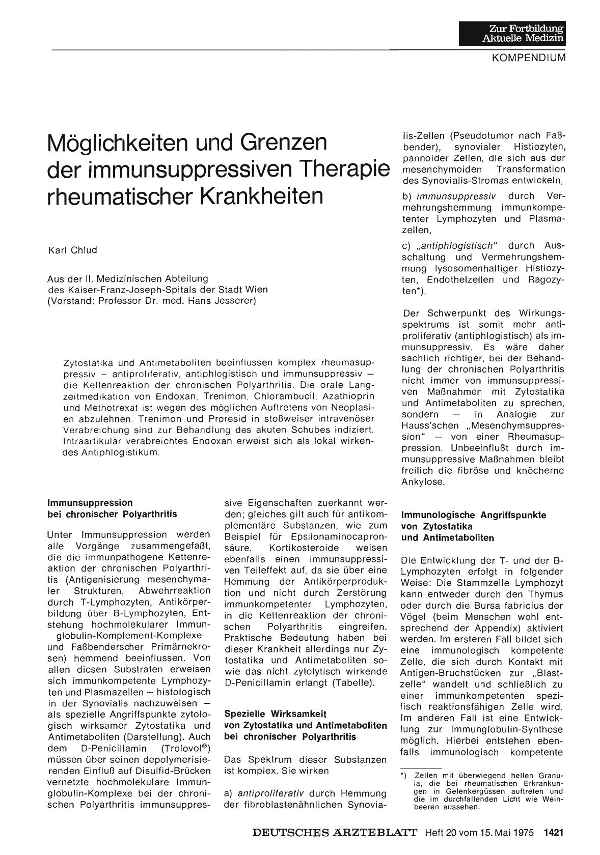 Vorschauseite 1: Möglichkeiten und Grenzen der immunsuppressiven Therapie rheumatischer Krankheiten