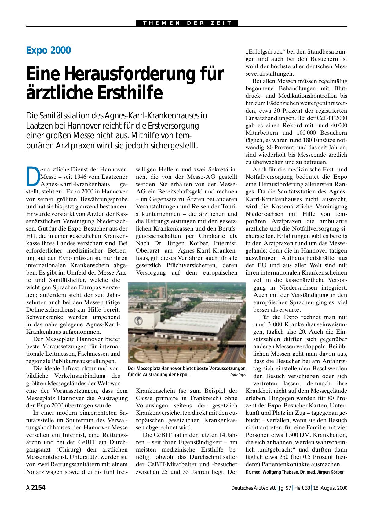 Vorschauseite 1: Expo 2000: Eine Herausforderung für ärztliche Ersthilfe
