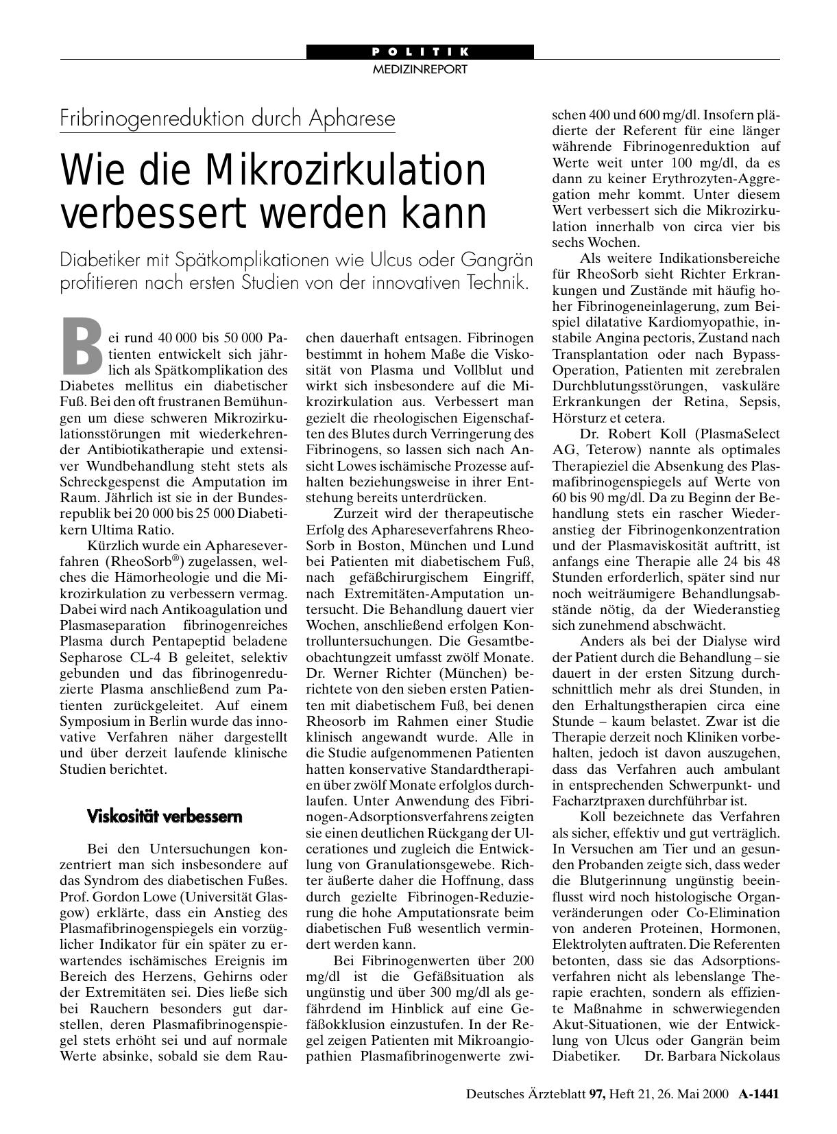 Vorschauseite 1: Fribrinogenreduktion durch Apharese: Wie die Mikrozirkulation verbessert werden kann