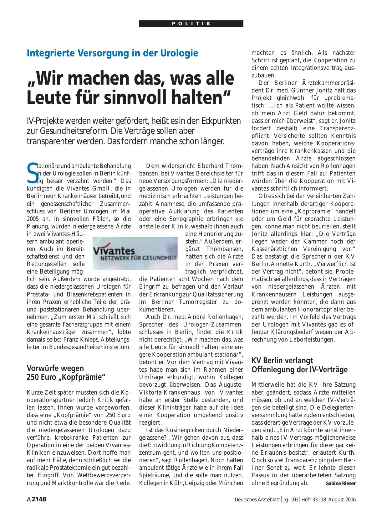 Vorschauseite 1: Integrierte Versorgung in der Urologie: „Wir machen das, was alle Leute für sinnvoll halten“