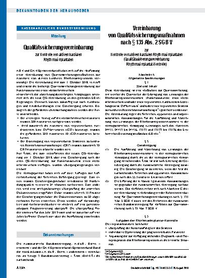 Vorschauseite 1: Qualitätssicherungsvereinbarung zur Kontrolle von aktiven kardialen Rhythmusimplantaten Vereinbarung von Qualitätssicherungsmaßnahmen nach § 135 Abs. 2 SGB V zur Kontrolle von akt…