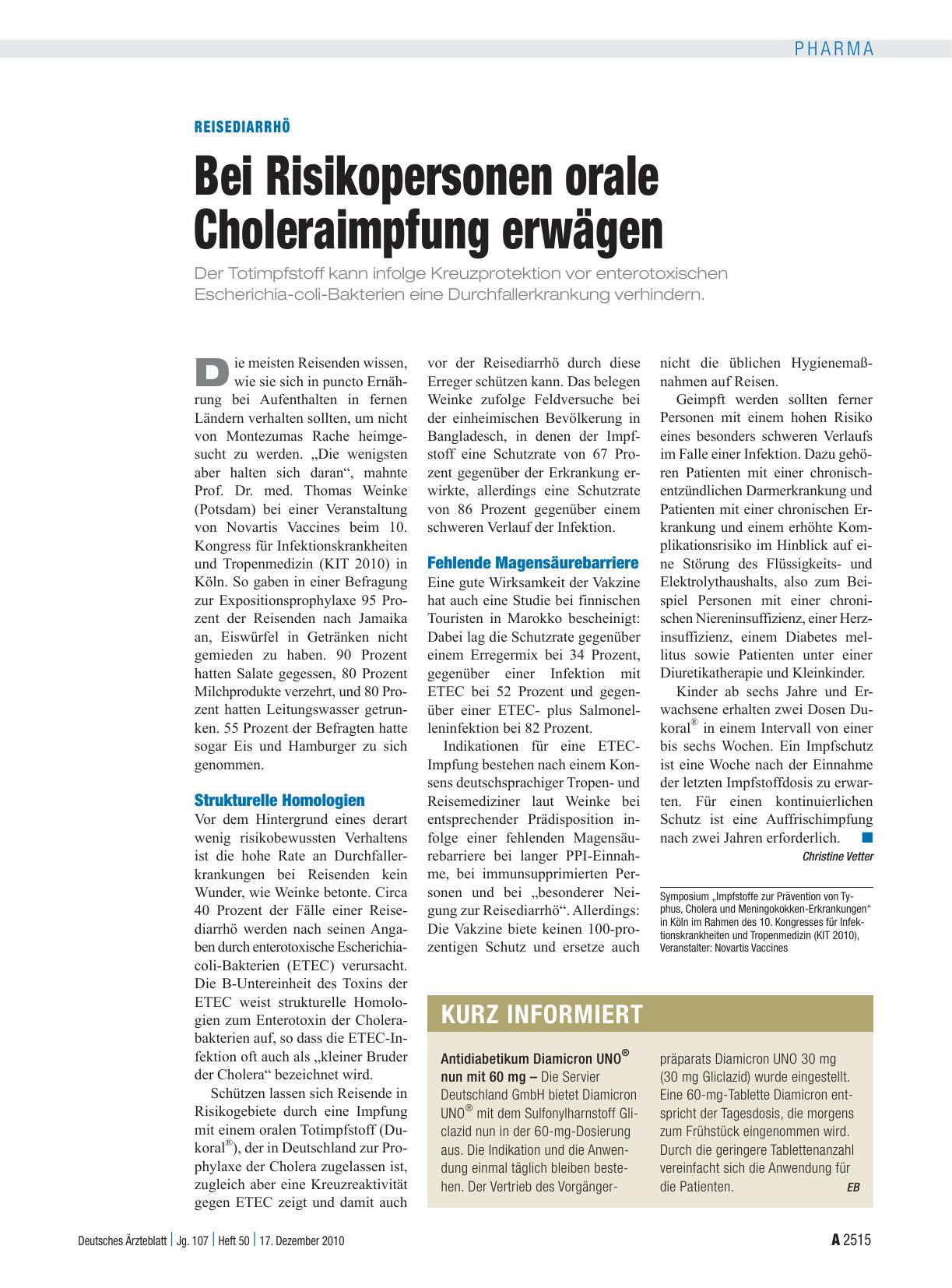 Vorschauseite 1: Reisediarrhö: Bei Risikopersonen orale Choleraimpfung erwägen