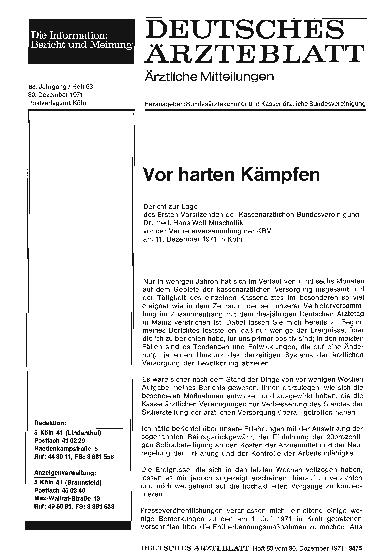Vorschauseite 1: Vor harten Kämpfen: Bericht zur Lage des Ersten Vorsitzenden der Kassenärztlichen Bundesvereinigung Dr. med. Hans Wolf Muschallik vor der Vertreterversammlung der KBV am 11. Dezem…