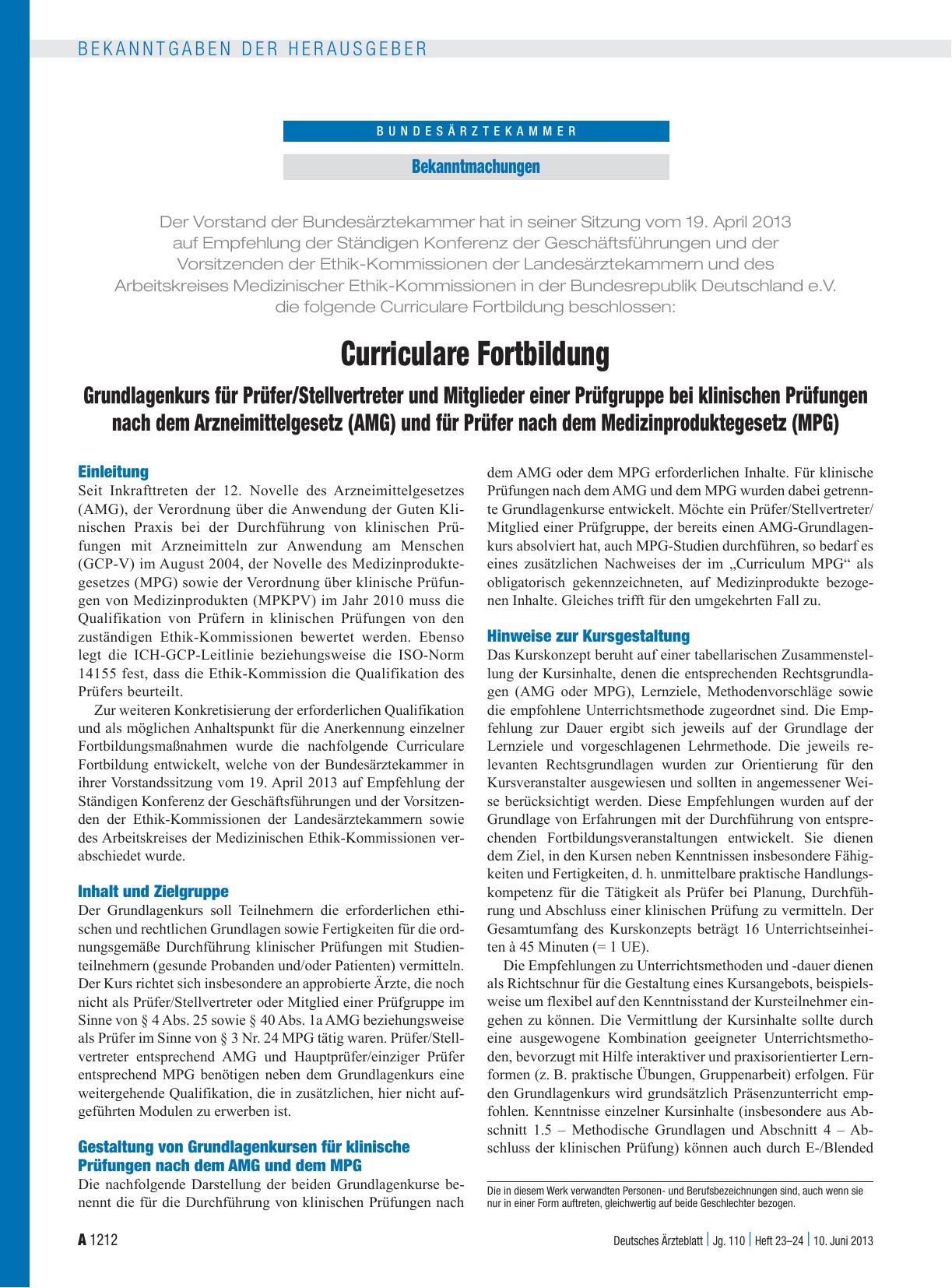 Vorschauseite 1: Curriculare Fortbildung: Grundlagenkurs für Prüfer/Stellvertreter und Mitglieder einer Prüfgruppe bei klinischen Prüfungen nach dem Arzneimittelgesetz (AMG) und für Prüfer nach de…