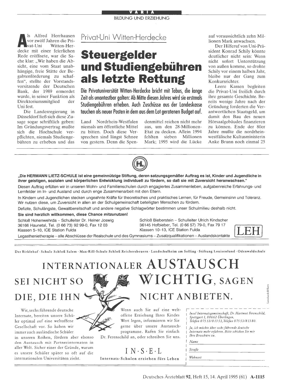 Vorschauseite 1: Privat-Uni Witten-Herdecke: Steuergelder und Studiengebühren als letzte Rettung
