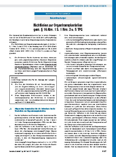 Vorschauseite 1: Richtlinien zur Organtransplantation gem. § 16 Abs. 1 S. 1 Nrn. 2 u. 5 TPG