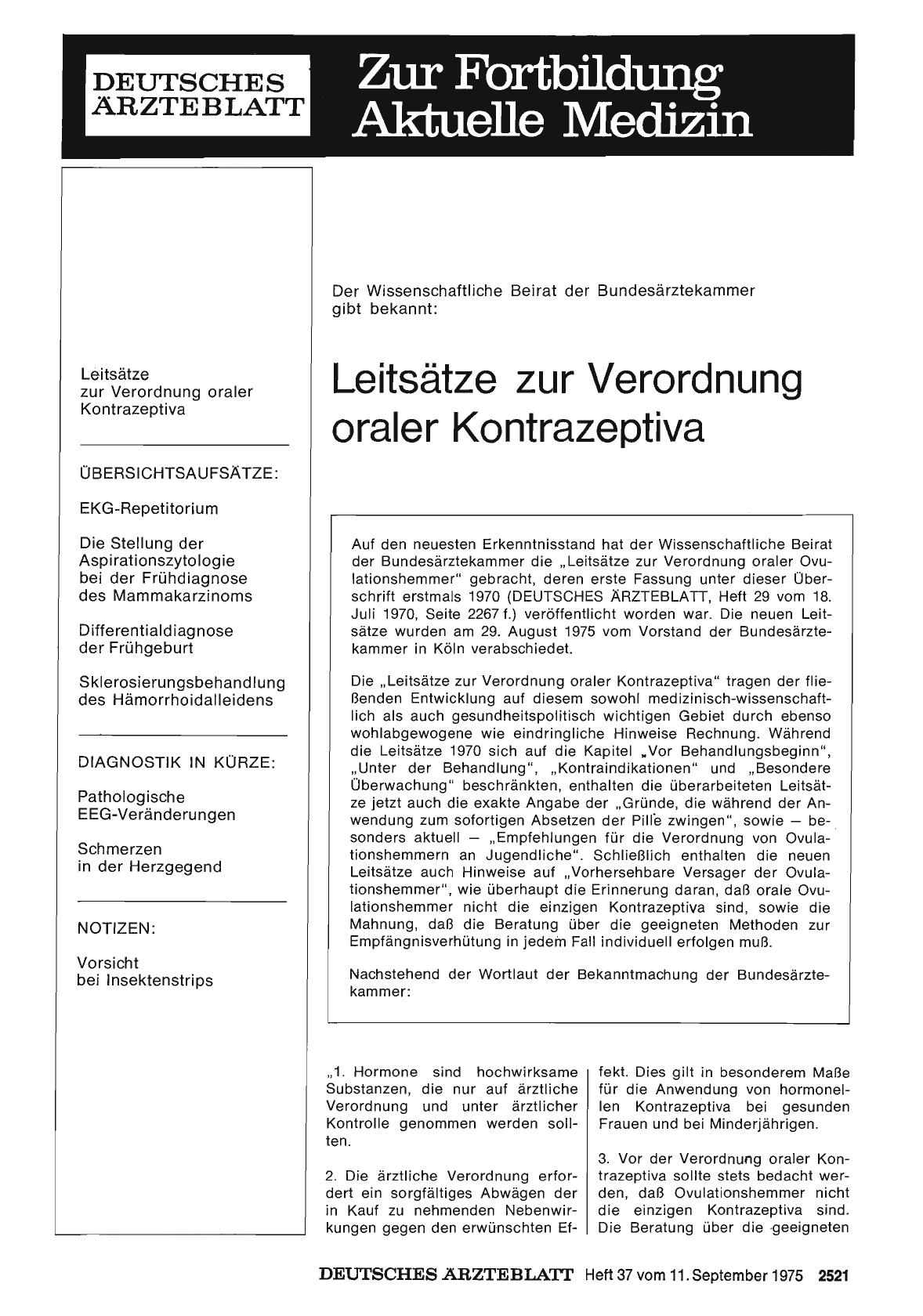 Vorschauseite 1: Der Wissenschaftliche Beirat der Bundesärztekammer gibt bekannt: Leitsätze zur Verordnung oraler Kontrazeptiva