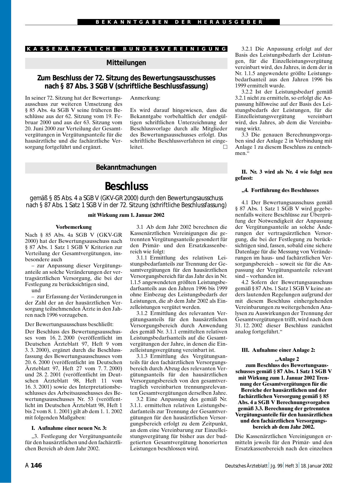 Vorschauseite 1: Mitteilungen: Zum Beschluss der 72. Sitzung des Bewertungsausschusses nach § 87 Abs. 3 SGB V (schriftliche Beschlussfassung)