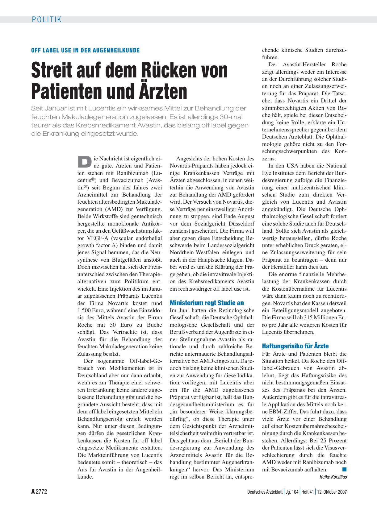 Vorschauseite 1: Off label Use in der Augenheilkunde: Streit auf dem Rücken von Patienten und Ärzten