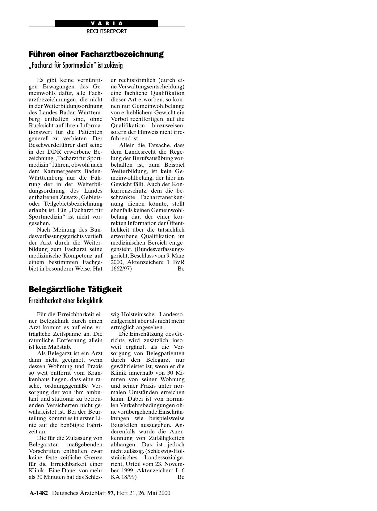 Vorschauseite 1: Belegärztliche Tätigkeit: Erreichbarkeit einer Belegklinik