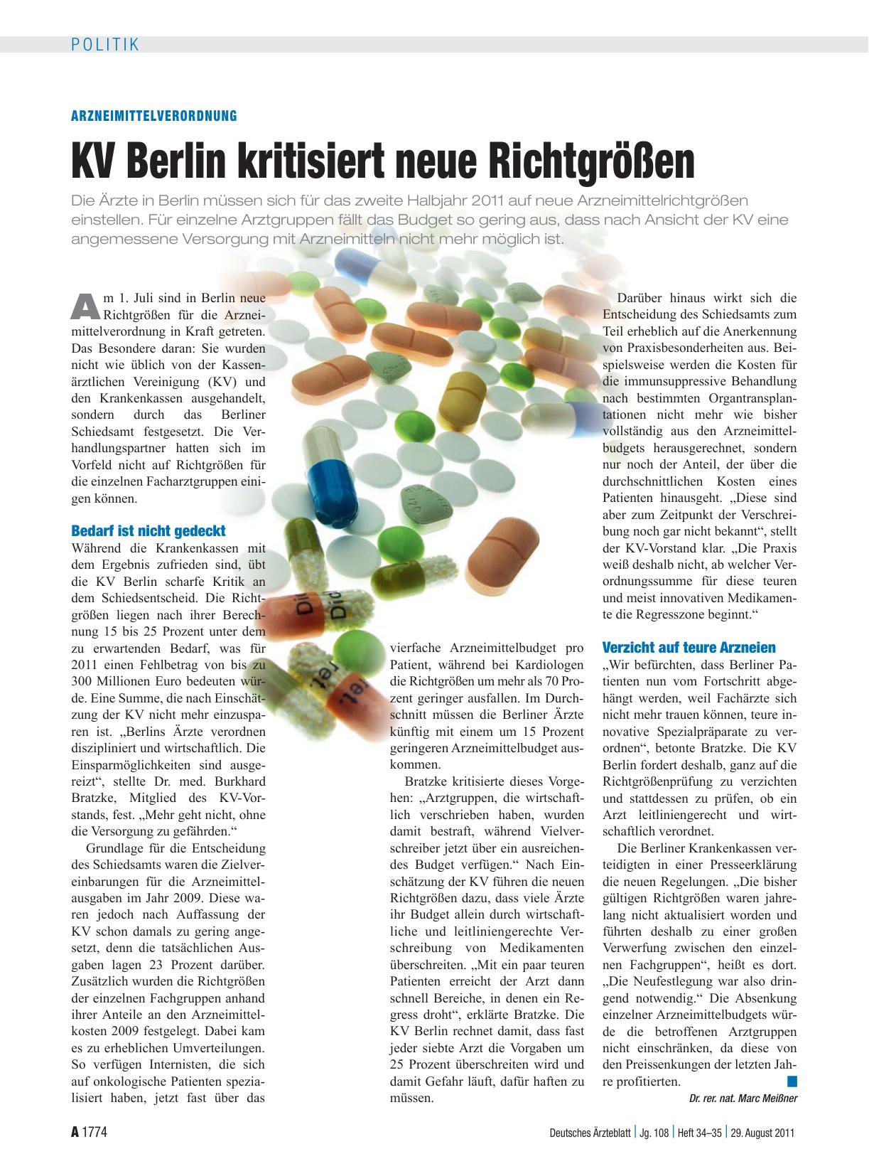 Vorschauseite 1: Arzneimittelverordnung: KV Berlin kritisiert neue Richtgrößen