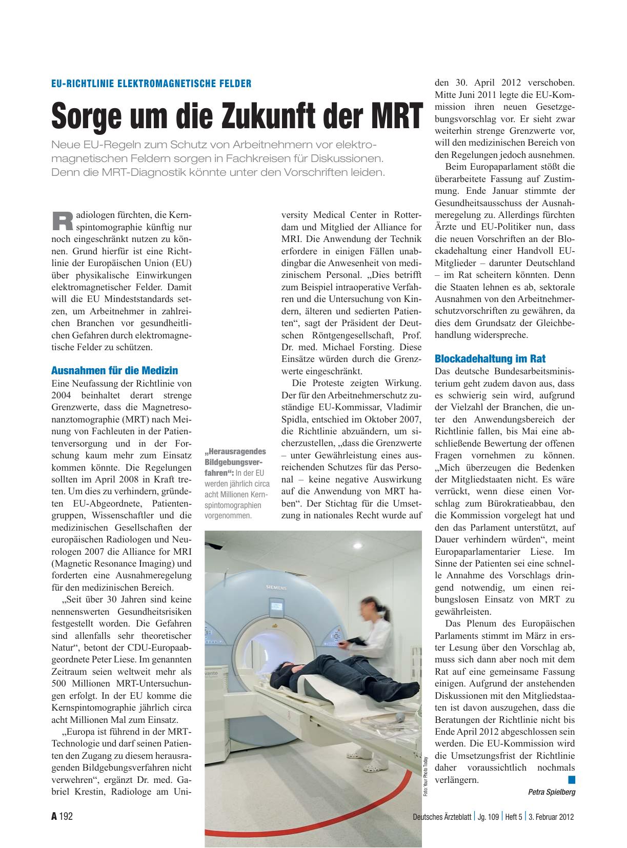 Vorschauseite 1: EU-Richtlinie elektromagnetische Felder: Sorge um die Zukunft der MRT