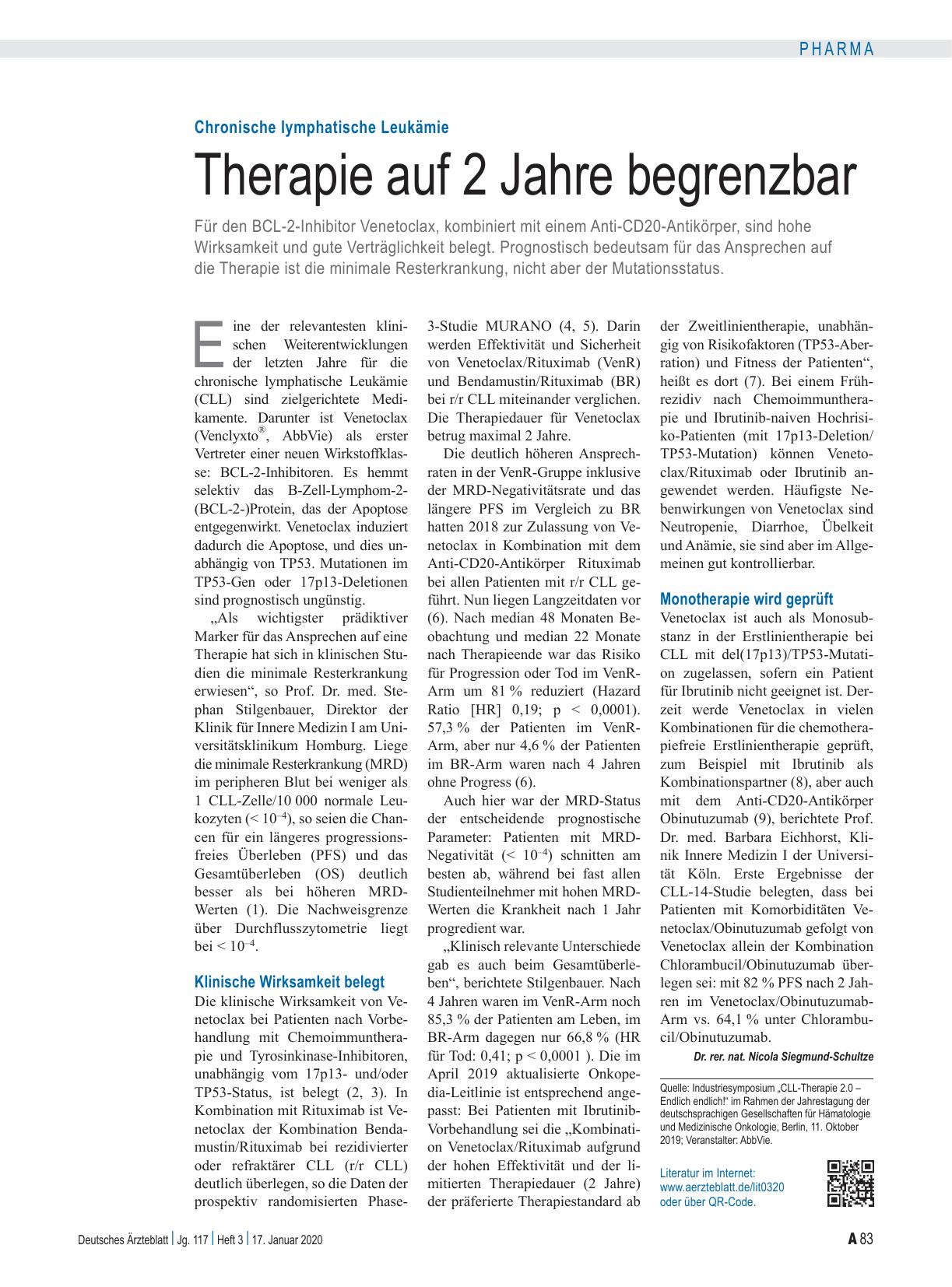 Vorschauseite 1: Chronische lymphatische Leukämie: Therapie auf 2 Jahre begrenzbar