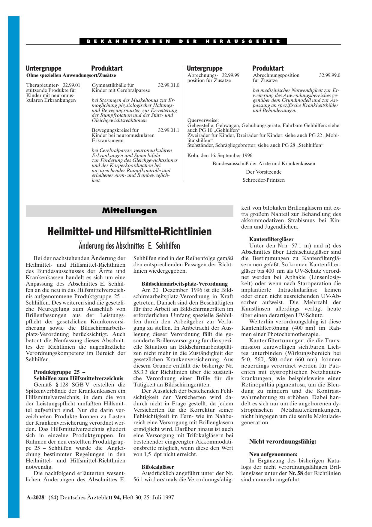 Vorschauseite 1: Mitteilungen: Heilmittelund Hilfsmittel-Richtlinien Änderung des Abschnittes E. Sehhilfen