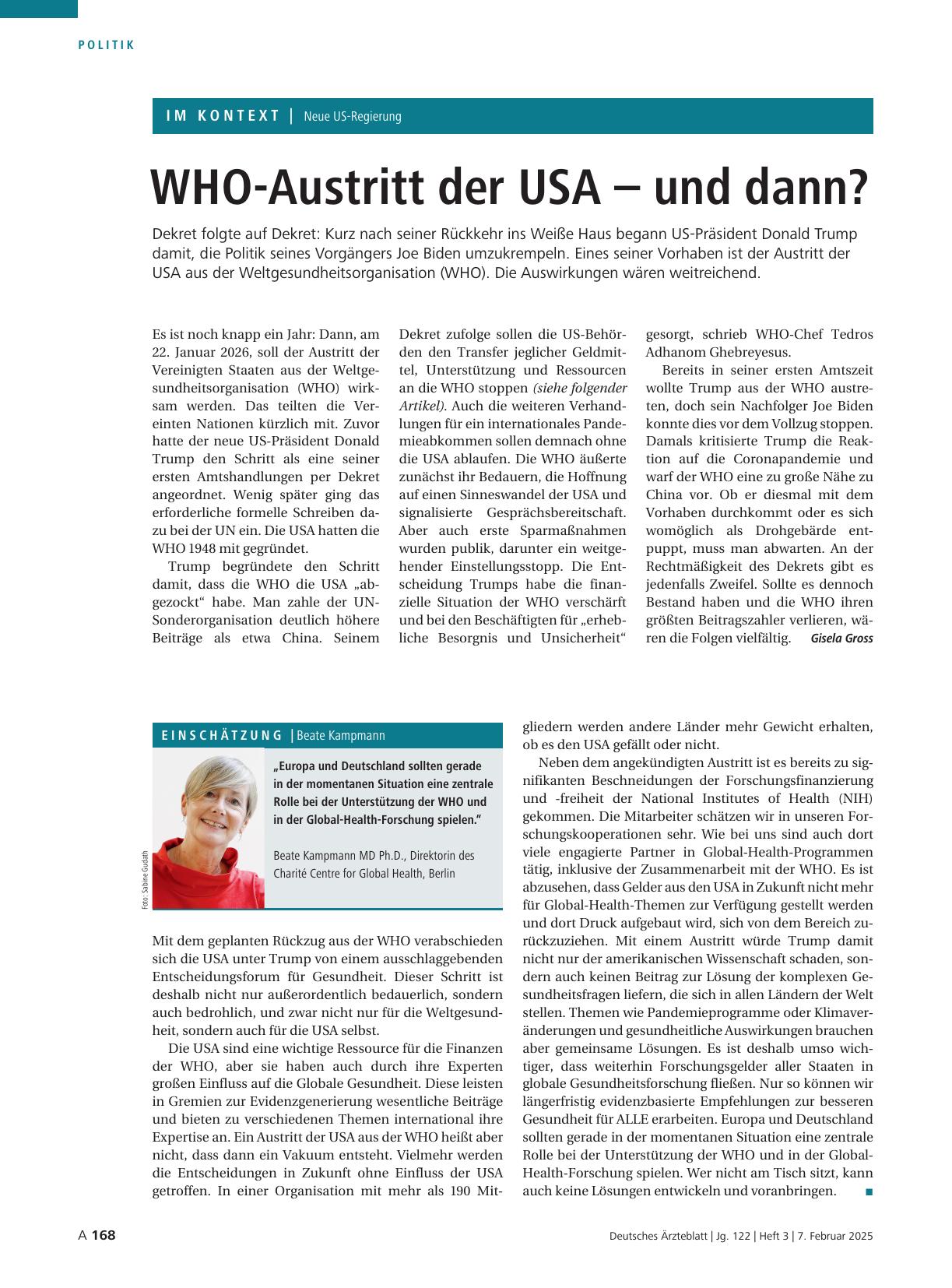 Vorschauseite 1: Neue US-Regierung: WHO-Austritt der USA – und dann?