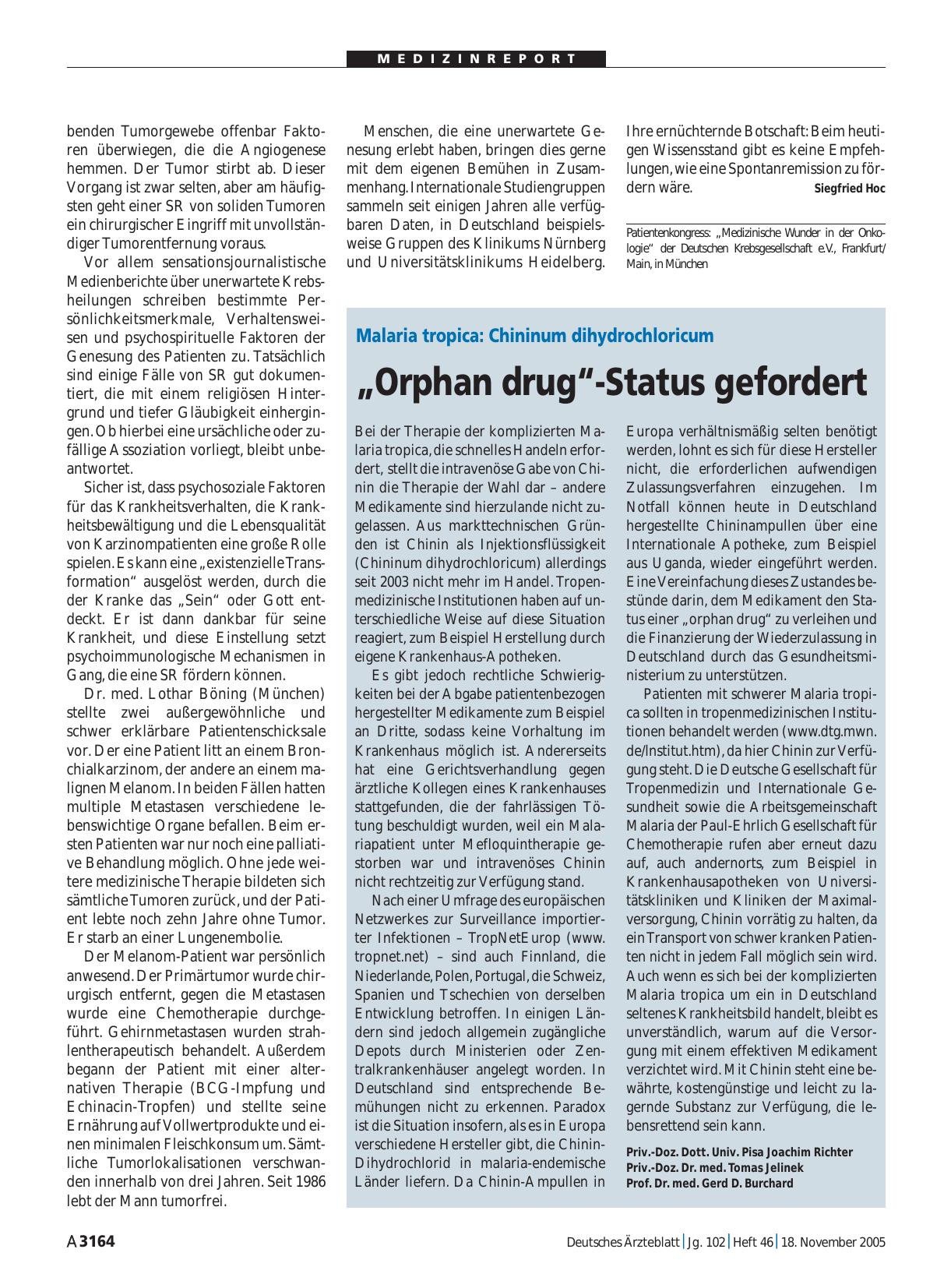 Vorschauseite 1: Malaria tropica: Chininum dihydrochloricum: „Orphan drug“-Status gefordert
