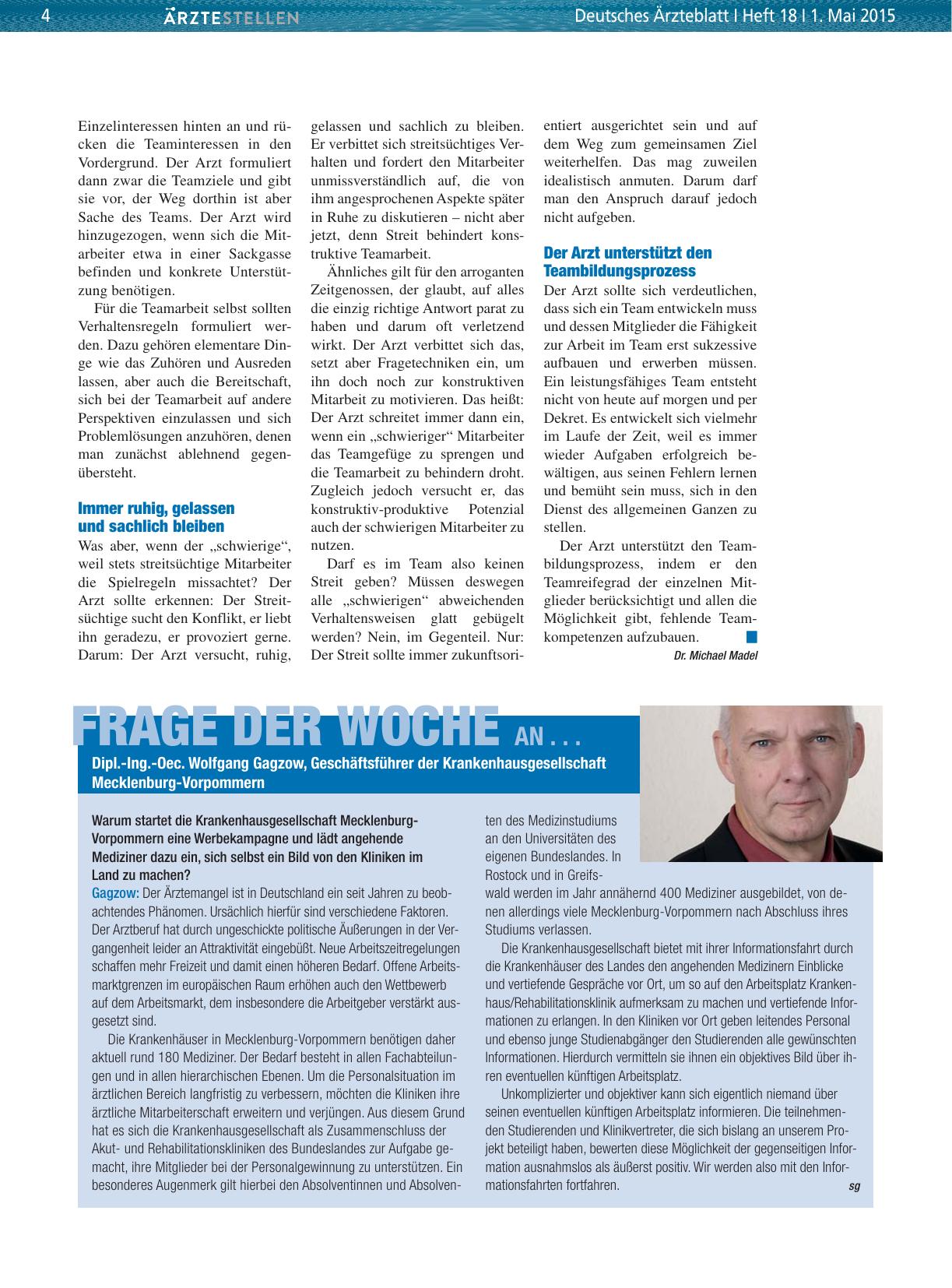 Vorschauseite 1: Frage der Woche an. .. Dipl. -Ing. -Oec. Wolfgang Gagzow, Geschäftsführer der Krankenhausgesellschaft Mecklenburg-Vorpommern