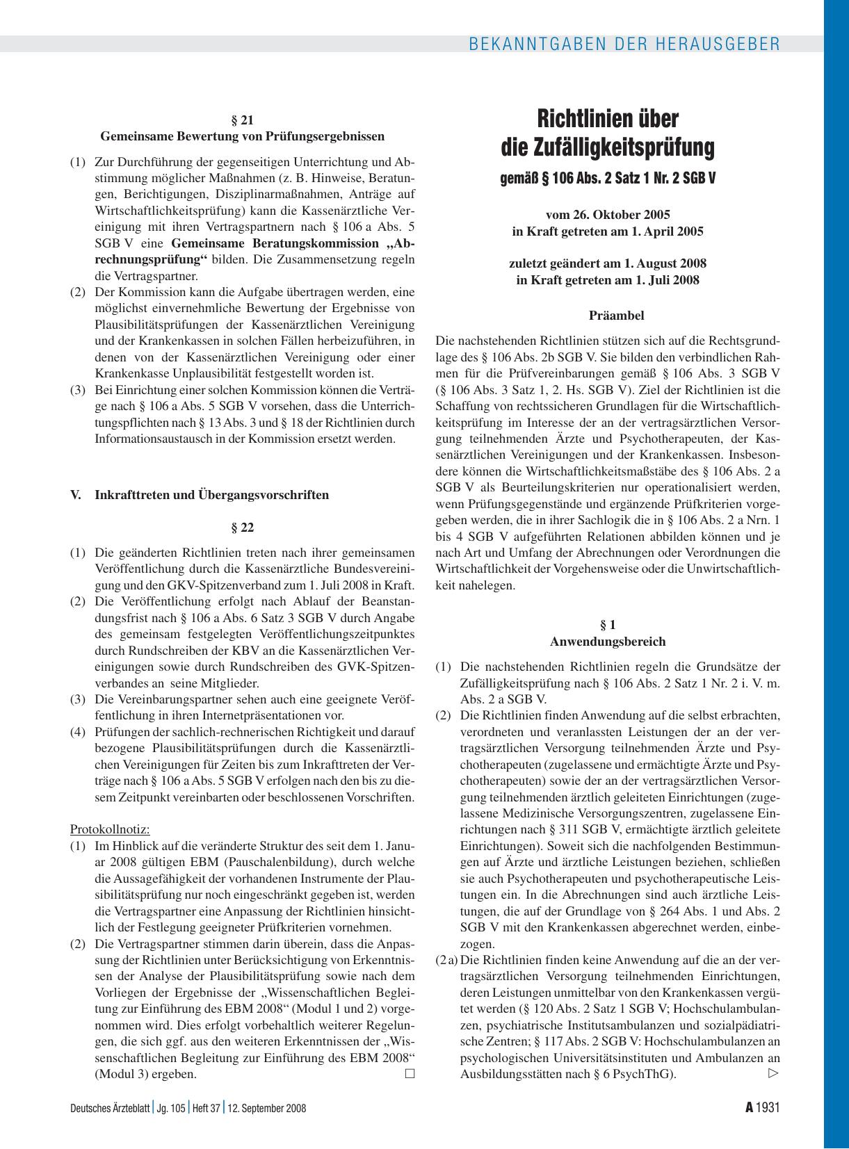 Vorschauseite 1: Richtlinien über die Zufälligkeitsprüfung gemäß § 106 Abs. 2 Satz 1 Nr. 2 SGB V