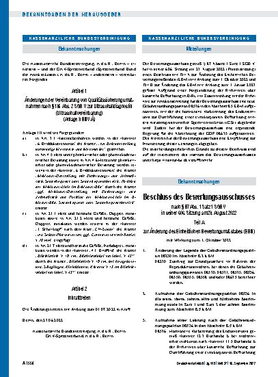 Vorschauseite 1: Änderungen der Vereinbarung von Qualitätssicherungsmaßnahmen nach § 135 Abs. 2 SGB V zur Ultraschalldiagnostik (Ultraschallvereinbarung) (Anlage 3 BMV-Ä)