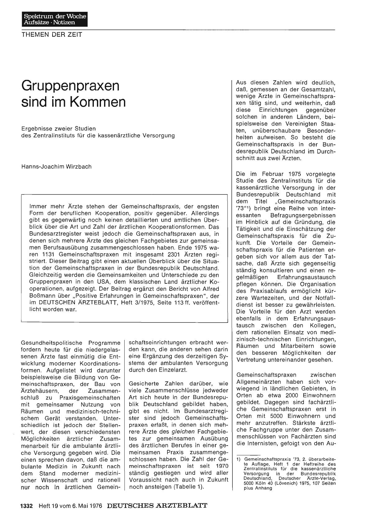 Vorschauseite 1: Gruppenpraxen sind im Kommen: Ergebnisse zweier Studien des Zentralinstituts für die kassenärztliche Versorgung
