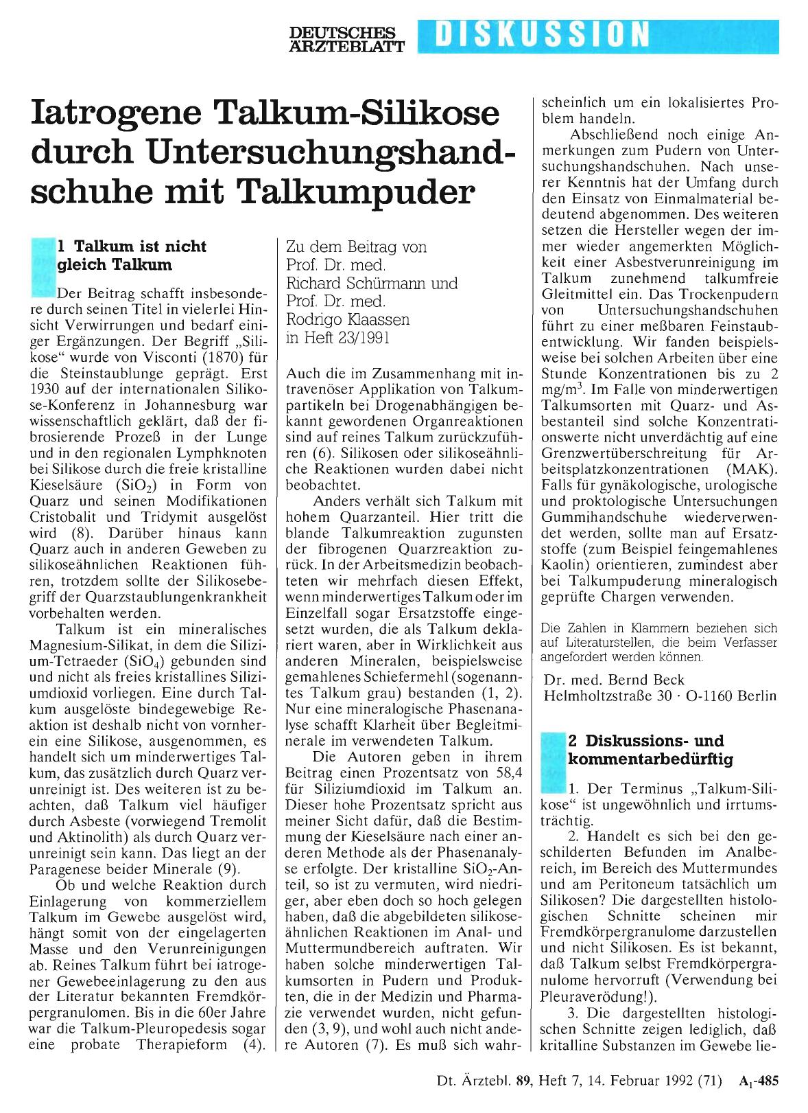 Vorschauseite 1: Iatrogene Talkum-Silikose durch Untersuchungshandschuhe mit Talkumpuder: 2 Diskussionsund kommentarbedürftig