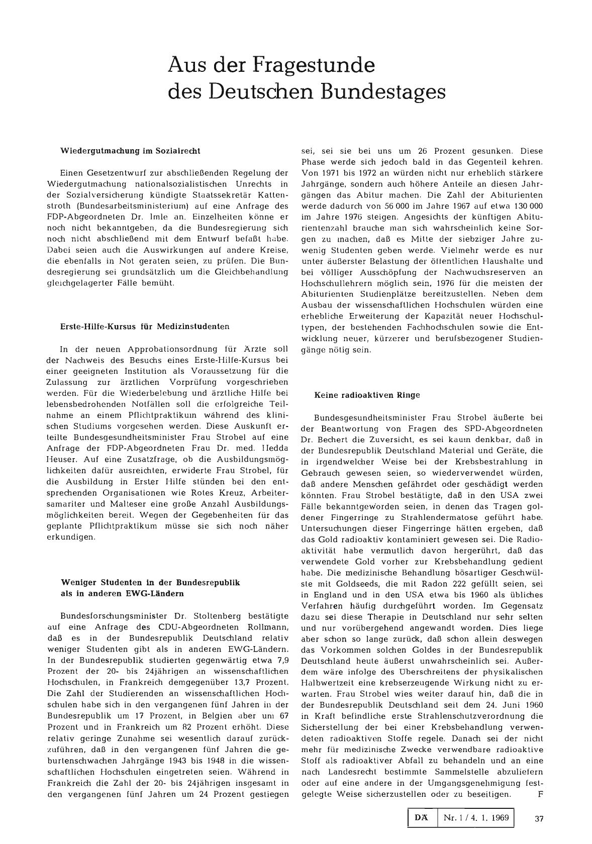 Vorschauseite 1: Aus der Fragestunde des Deutschen Bundestages