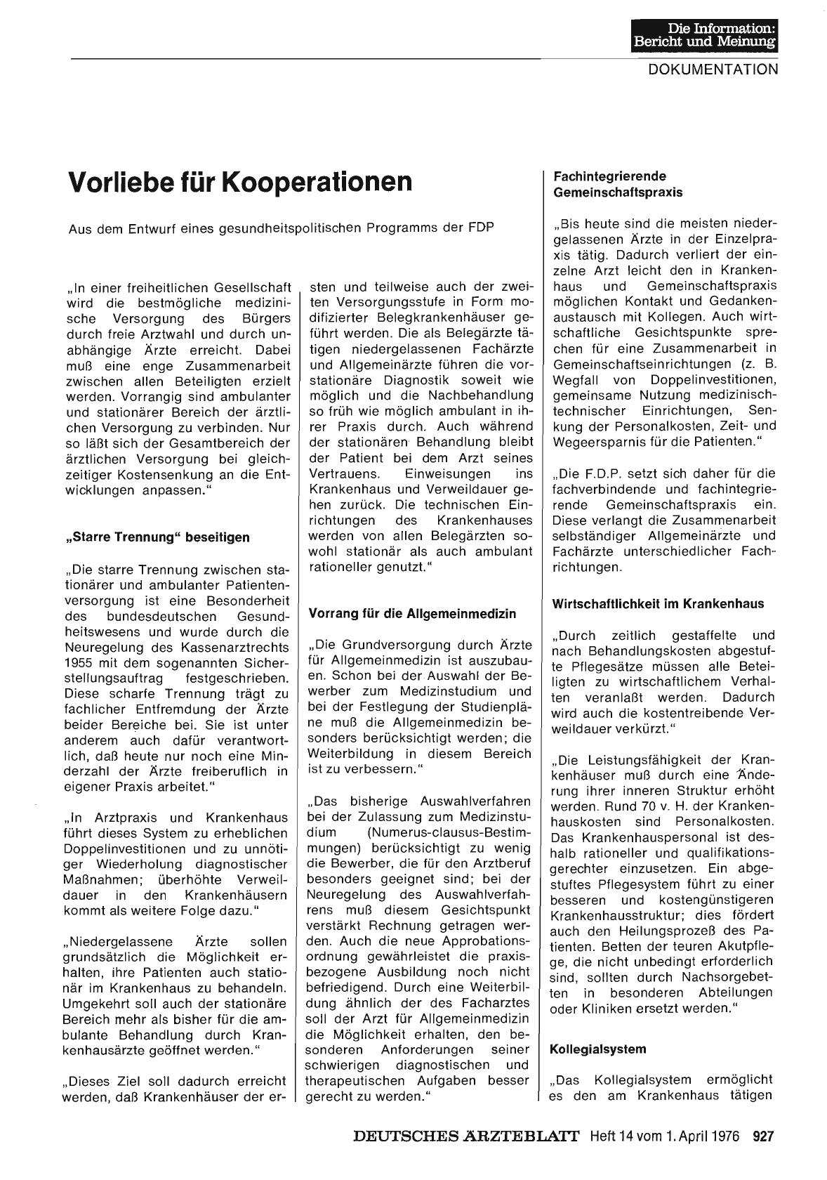 Vorschauseite 1: Vorliebe für Kooperationen: Aus dem Entwurf eines gesundheitspolitischen Programms der FDP