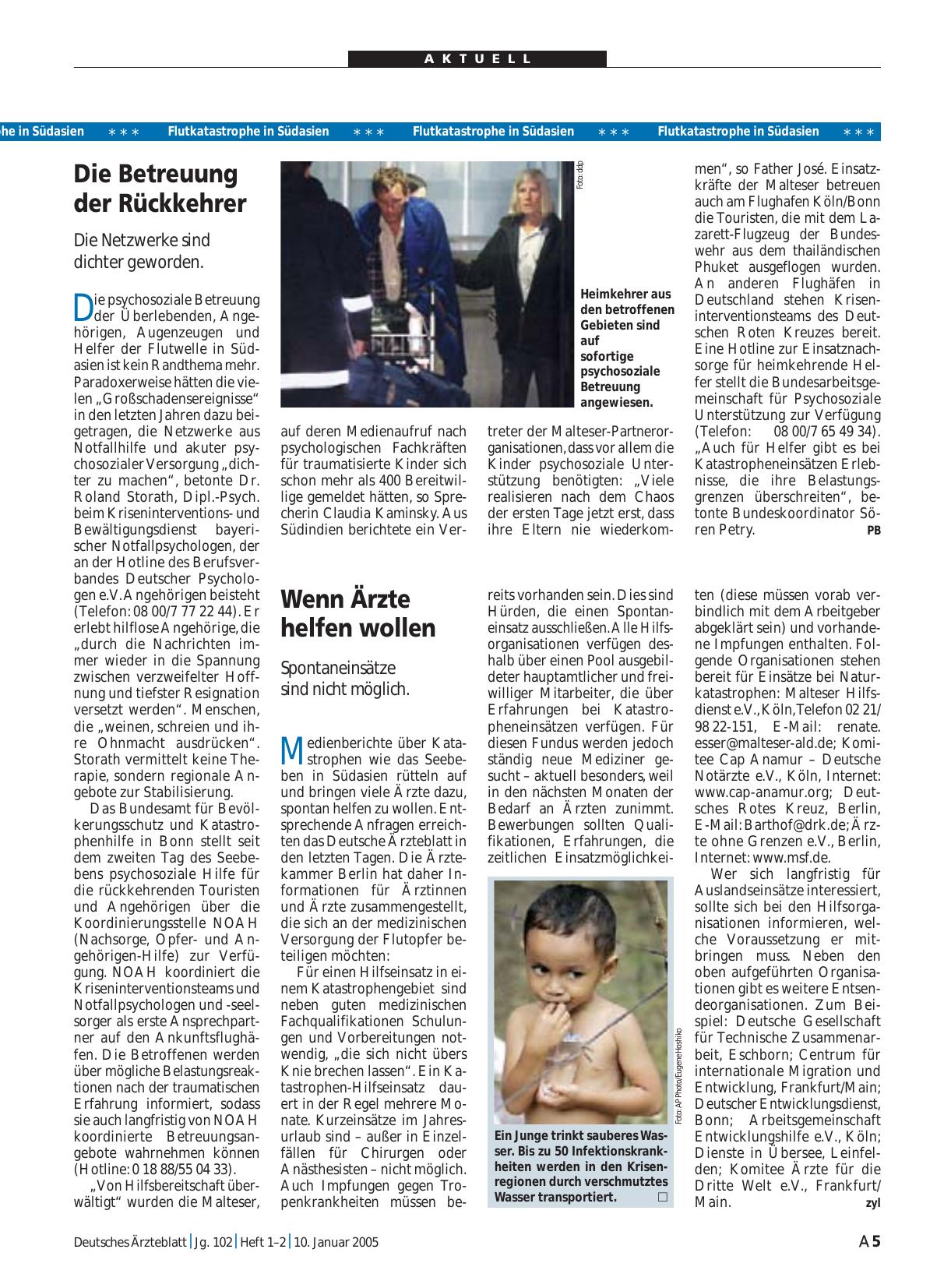 Vorschauseite 1: Flutkatastrophe in Südasien: Die Betreuung der Rückkehrer