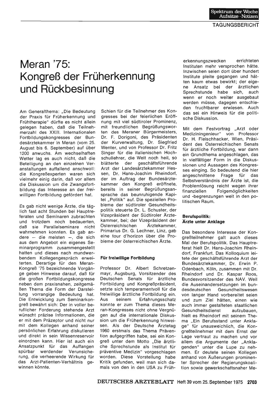 Vorschauseite 1: Meran '75: Kongreß der Früherkennung und Rückbesinnung