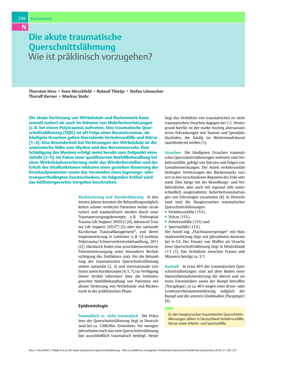 Vorschauseite 1: Die akute traumatische Querschnittslähmung – Wie ist präklinisch vorzugehen?