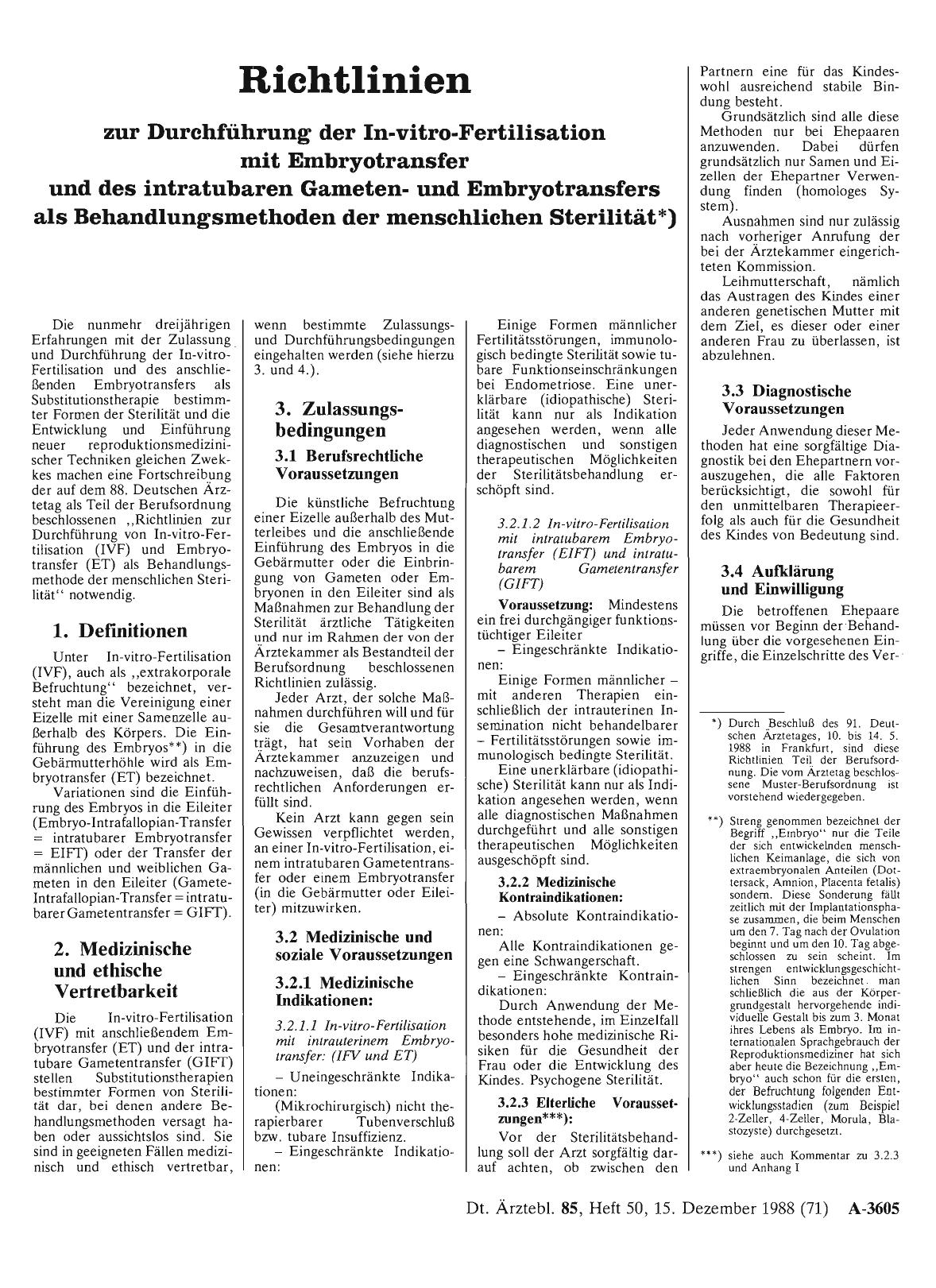 Vorschauseite 1: Richtlinien zur Durchführung der In-vitro-Fertilisation mit Embryotransfer und des intratubaren Gametenund Embryotransfers als Behandlungsmethoden der menschlichen Sterilität*)