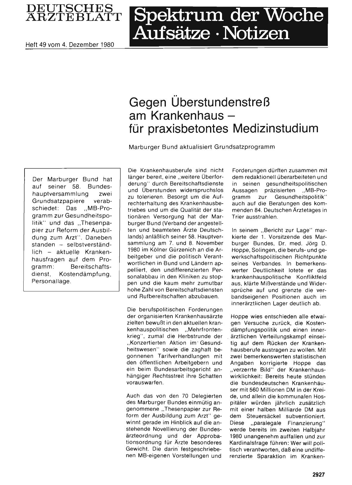 Vorschauseite 1: Gegen Überstundenstreß am Krankenhaus — für praxisbetontes Medizinstudium: Marburger Bund aktualisiert Grundsatzprogramm