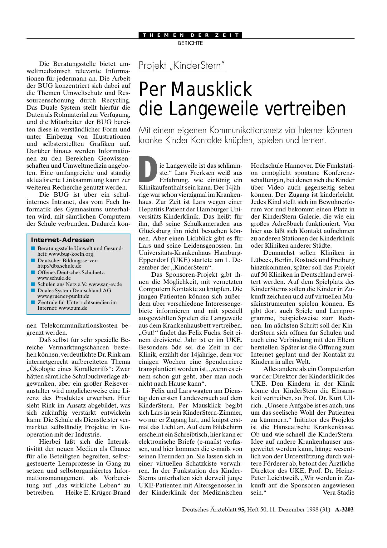 Vorschauseite 1: Projekt „KinderStern“: Per Mausklick die Langeweile vertreiben