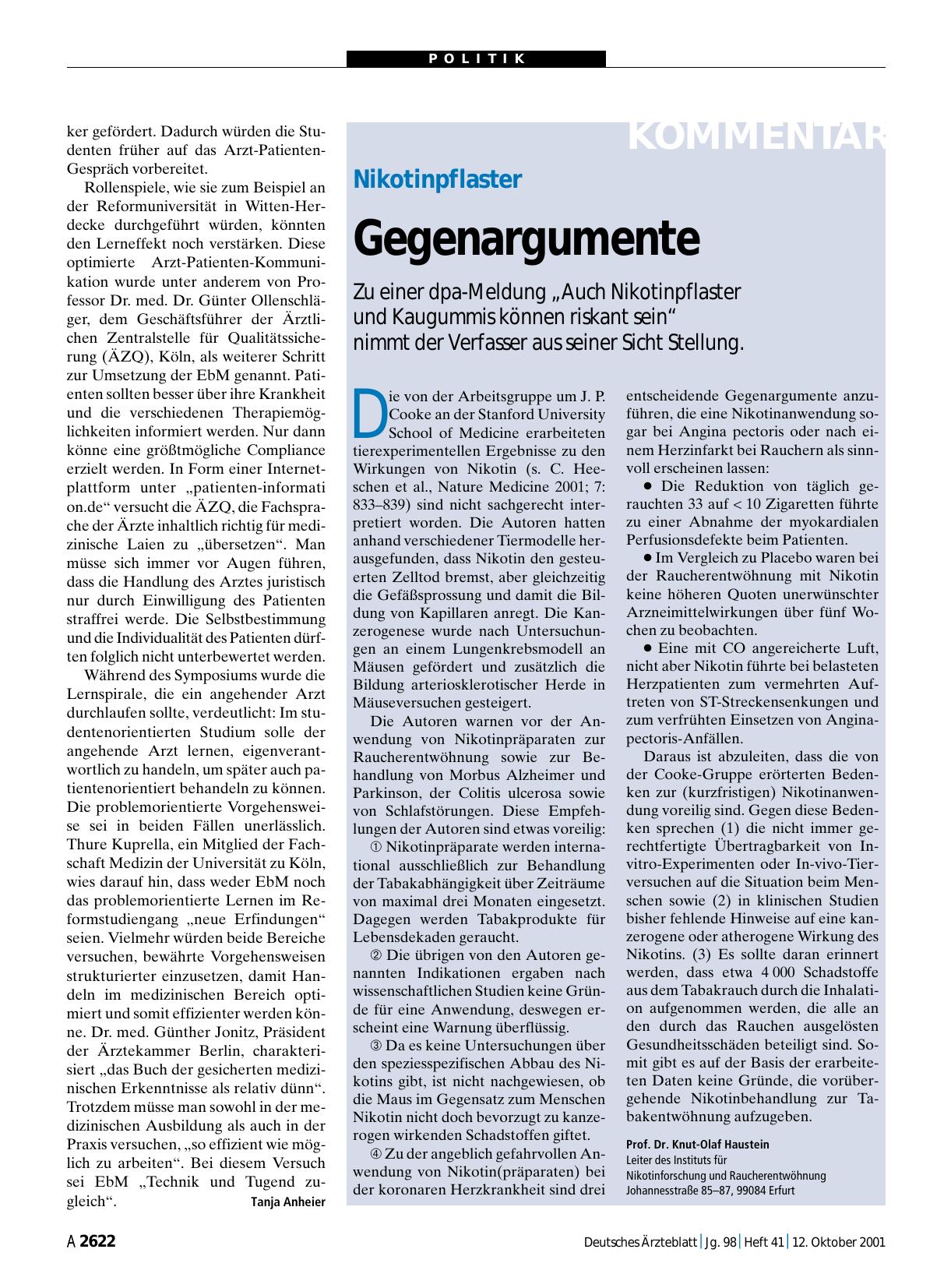Vorschauseite 1: Nikotinpflaster: Gegenargumente