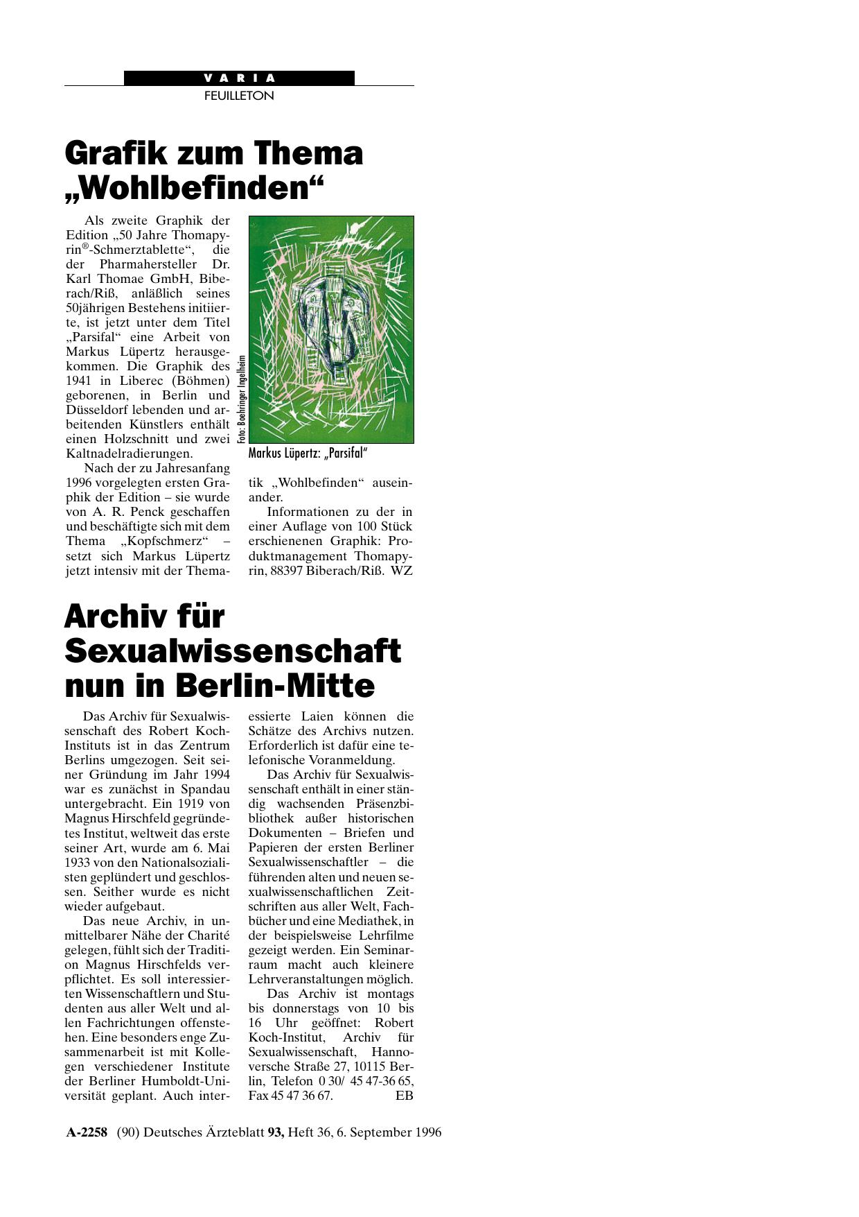Vorschauseite 1: Archiv für Sexualwissenschaft nun in Berlin-Mitte