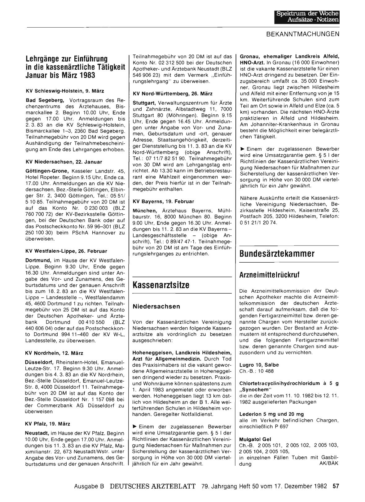 Vorschauseite 1: Lehrgänge zur Einführung in die kassenärztliche Tätigkeit Januar bis März 1983