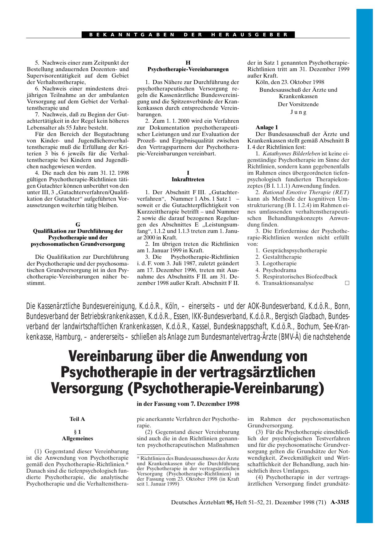 Vorschauseite 1: Vereinbarung über die Anwendung von Psychotherapie in der vertragsärztlichen Versorgung: (Psychotherapie-Vereinbarung) in der Fassung vom 7. Dezember 1998